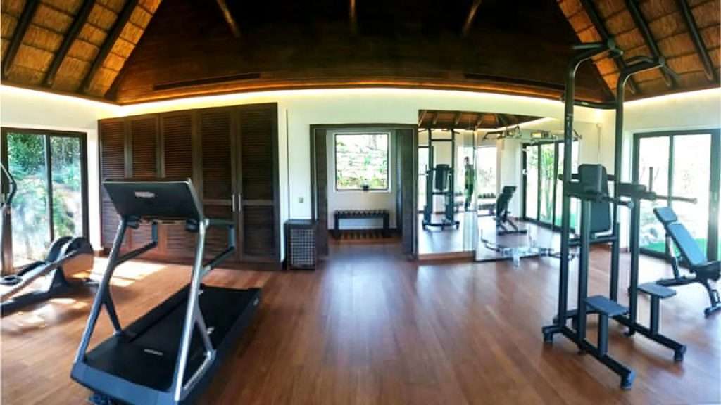 Thatched gymnasium cabin interior with timber flooring