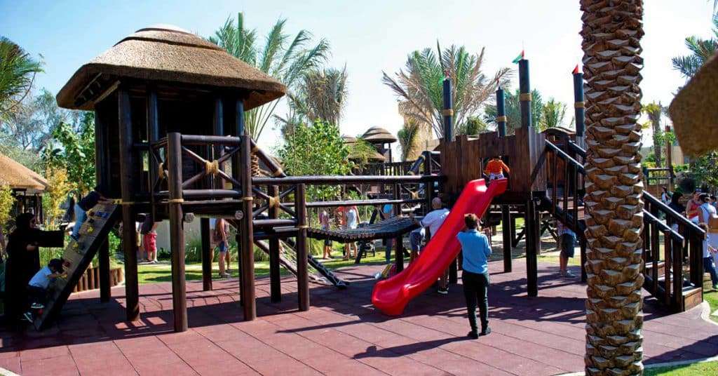 This impressive wooden playstructure is designed to encourage outdoor play.