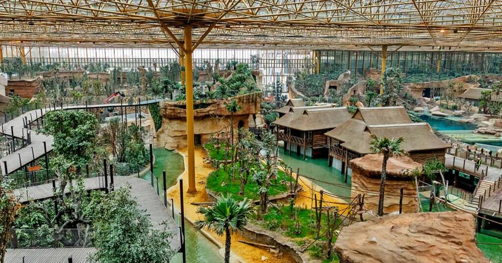 The world’s largest tropical greenhouse at Pairi Daiza featuring sustainable natural thatched roofing by Cape Reed International.