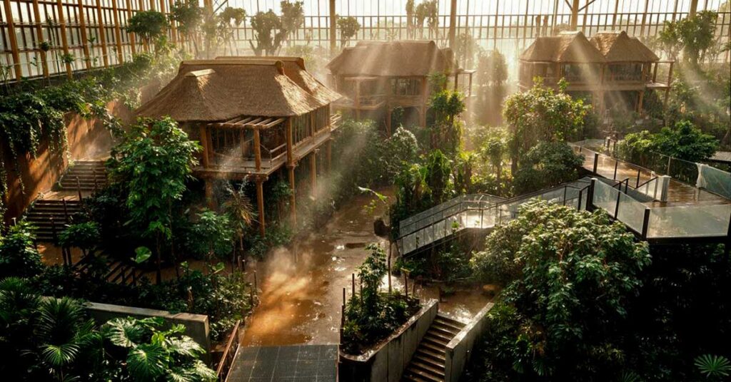 Commercial-scale Cape Reed thatched roofing project at Pairi Daiza Edenya combining sustainability, architecture, and natural materials.
