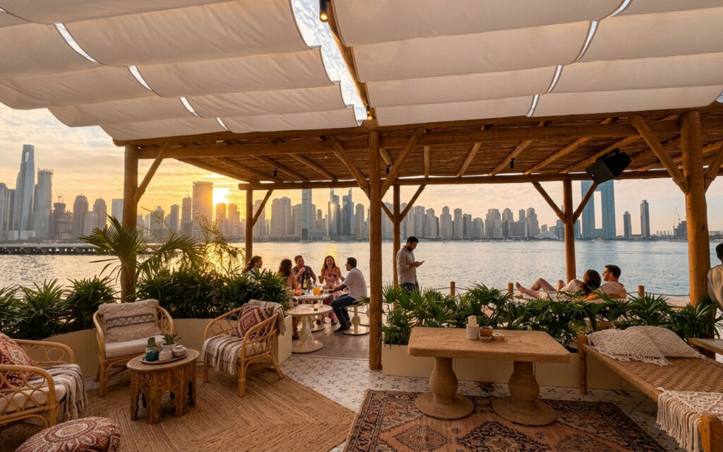 Guests dining beneath a Cape Reed timber pergola at Giulia by the Beach, Bebé Beach Dubai Harbour, with canvas shade sails overhead and the Dubai skyline reflected in the sea at sunset