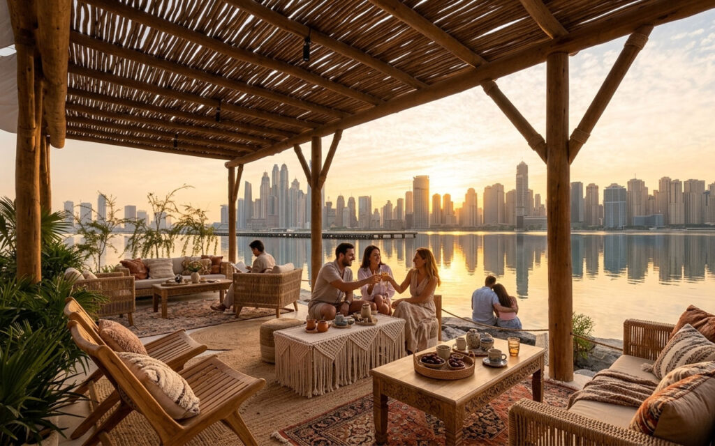 Guests dining beneath a Cape Reed timber pergola at Giulia by the Beach, Bebé Beach Dubai Harbour, with canvas shade sails overhead and the Dubai skyline reflected in the sea at sunset