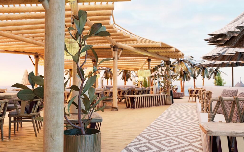 3D render of a Cape Reed turnkey design concept for a beachfront lounge with timber pergolas