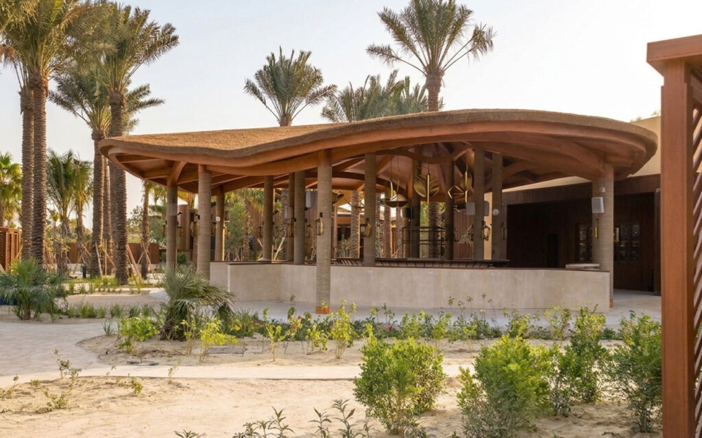 Exterior view of the Cape Reed thatched entertainment and bar pavilion at Shura Island resort, Saudi Arabia, featuring a curved organic thatch roof supported by timber columns, surrounded by palm trees and desert landscaping