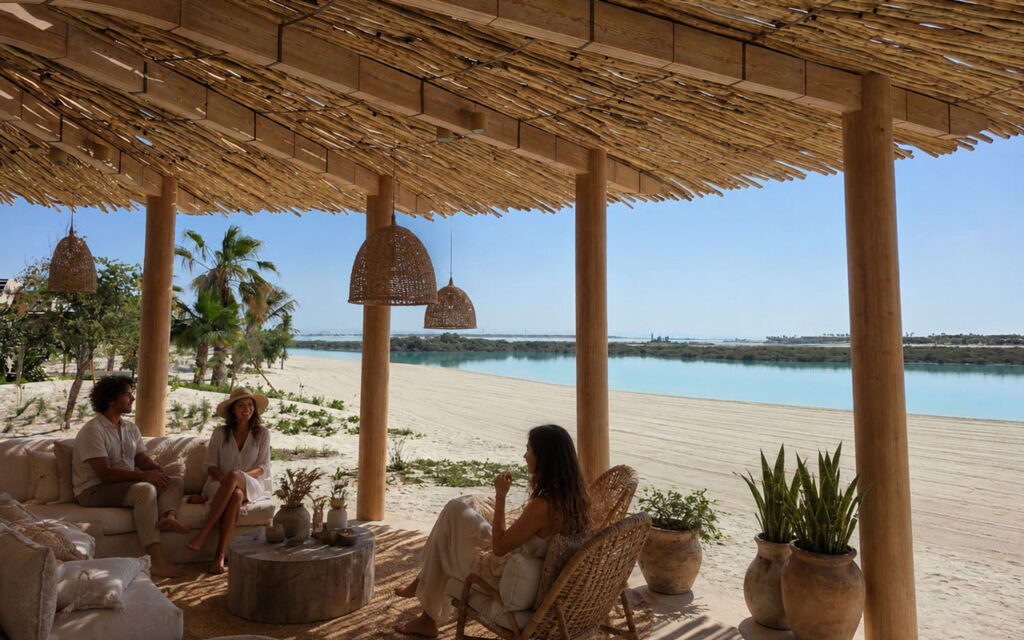 Guests relaxing under a natural thatch and timber shade structure at Shura Island resort, overlooking a calm turquoise lagoon and white sandy beach, with woven pendant lights and linen furnishings
