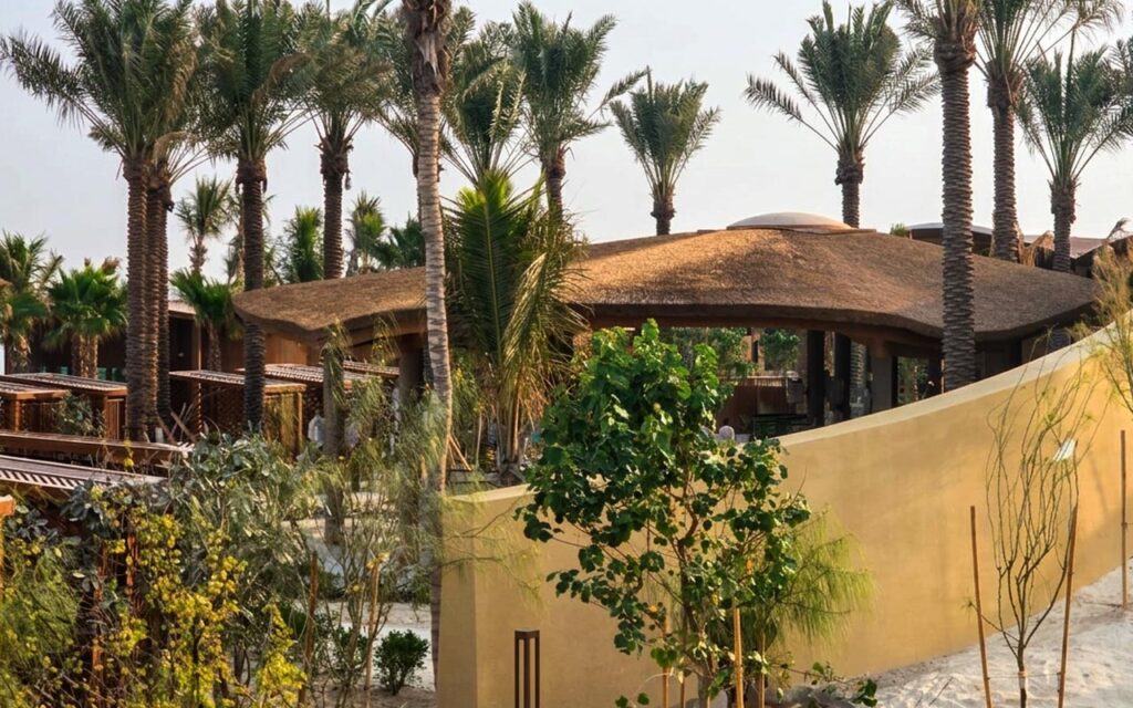 Exterior view of the Cape Reed thatched entertainment and bar pavilion at Shura Island resort, Saudi Arabia, featuring a curved organic thatch roof supported by timber columns, surrounded by palm trees and desert landscaping